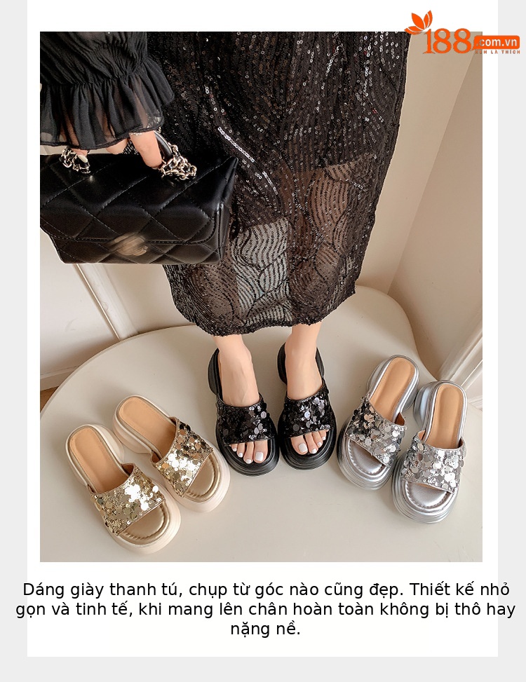 Dép sandal xỏ ngón nữ đế xuồng cao 5 cm, mũi hở, phối sequin lấp lánh — màu đen, màu vàng, bạc chi tiết 9