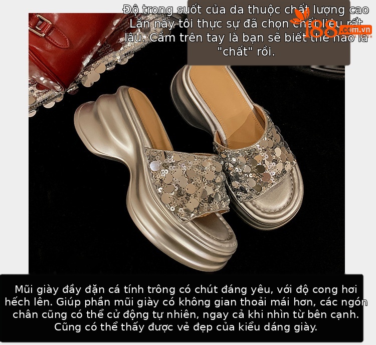 Dép sandal xỏ ngón nữ đế xuồng cao 5 cm, mũi hở, phối sequin lấp lánh — màu đen, màu vàng, bạc chi tiết 10