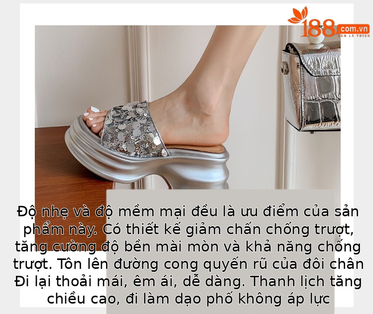 Dép sandal xỏ ngón nữ đế xuồng cao 5 cm, mũi hở, phối sequin lấp lánh — màu đen, màu vàng, bạc chi tiết 12