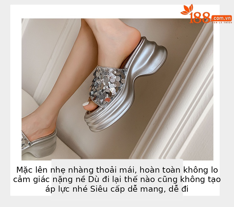 Dép sandal xỏ ngón nữ đế xuồng cao 5 cm, mũi hở, phối sequin lấp lánh — màu đen, màu vàng, bạc chi tiết 13
