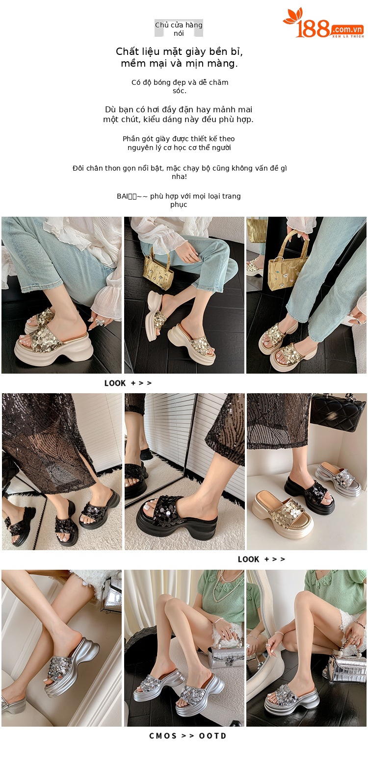 Dép sandal xỏ ngón nữ đế xuồng cao 5 cm, mũi hở, phối sequin lấp lánh — màu đen, màu vàng, bạc chi tiết 2