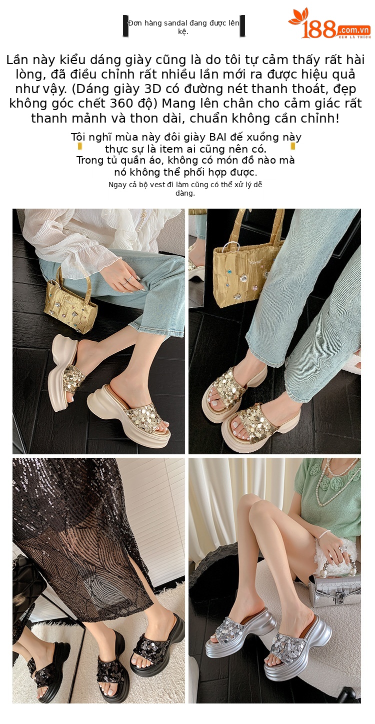Dép sandal xỏ ngón nữ đế xuồng cao 5 cm, mũi hở, phối sequin lấp lánh — màu đen, màu vàng, bạc chi tiết 4