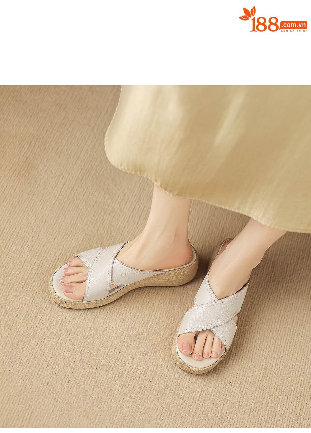 Dép sandal nữ quai chéo hở ngón đế dày da cừu — màu trắng ngà chi tiết 6