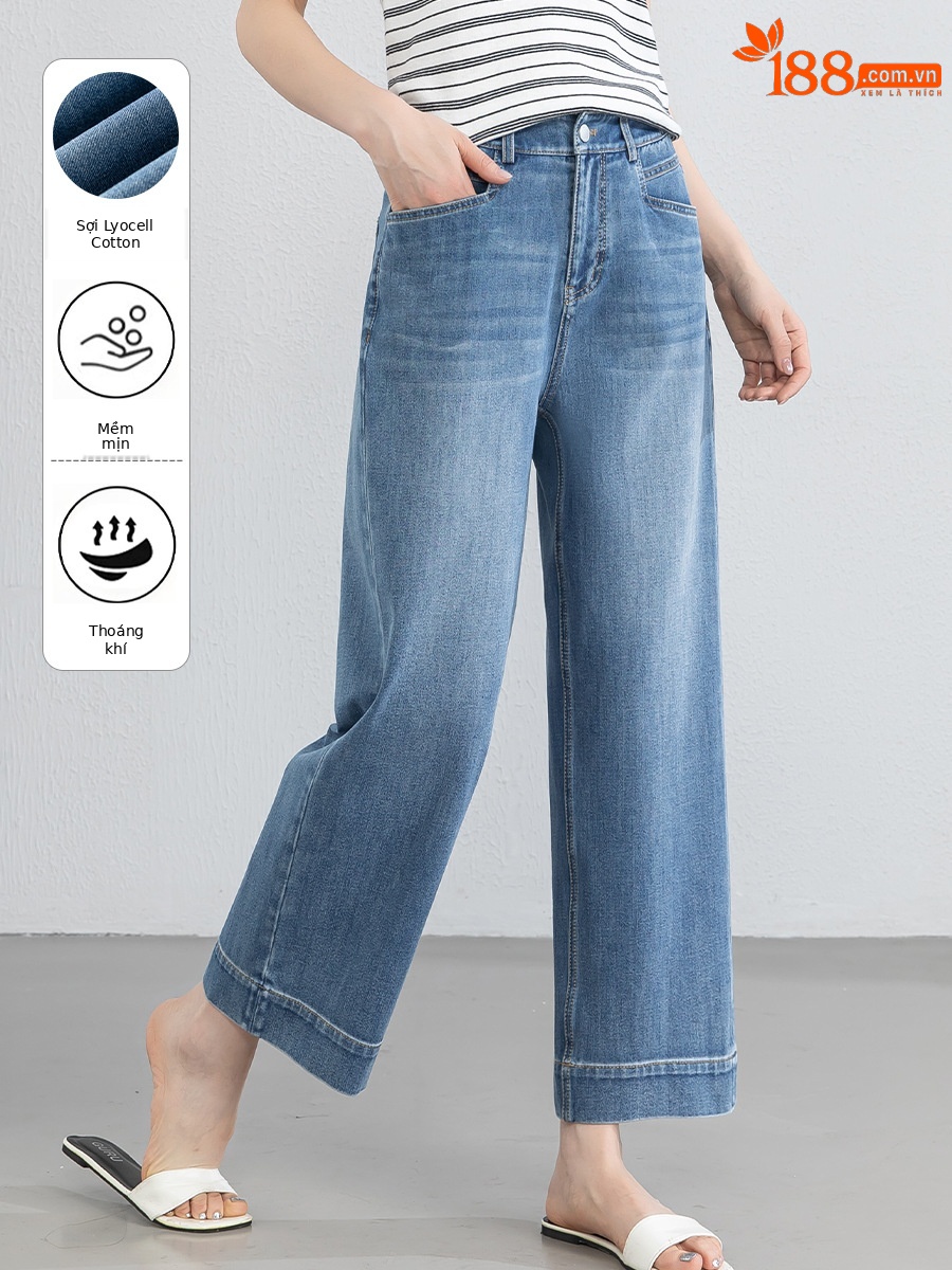 Quần tây nữ ống đứng cạp cao co giãn vải Lyocell denim dáng suông — xanh lam
