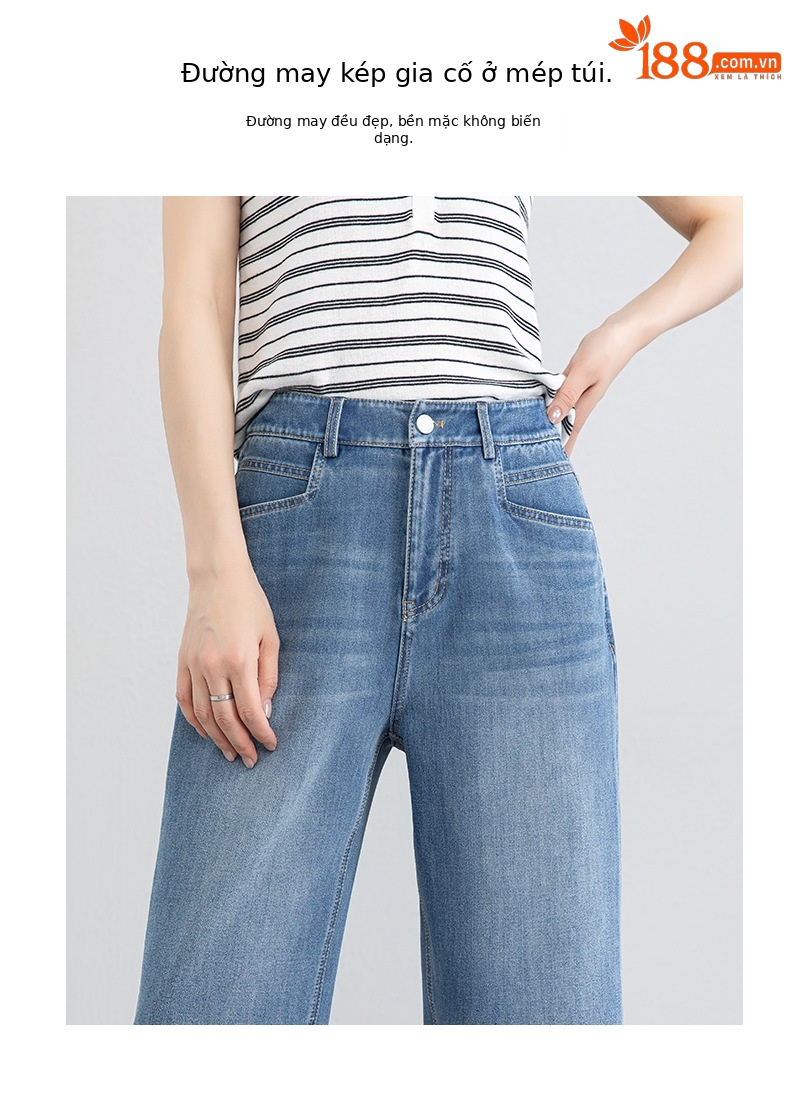 Quần tây nữ ống đứng cạp cao co giãn vải Lyocell denim dáng suông — xanh lam chi tiết 6