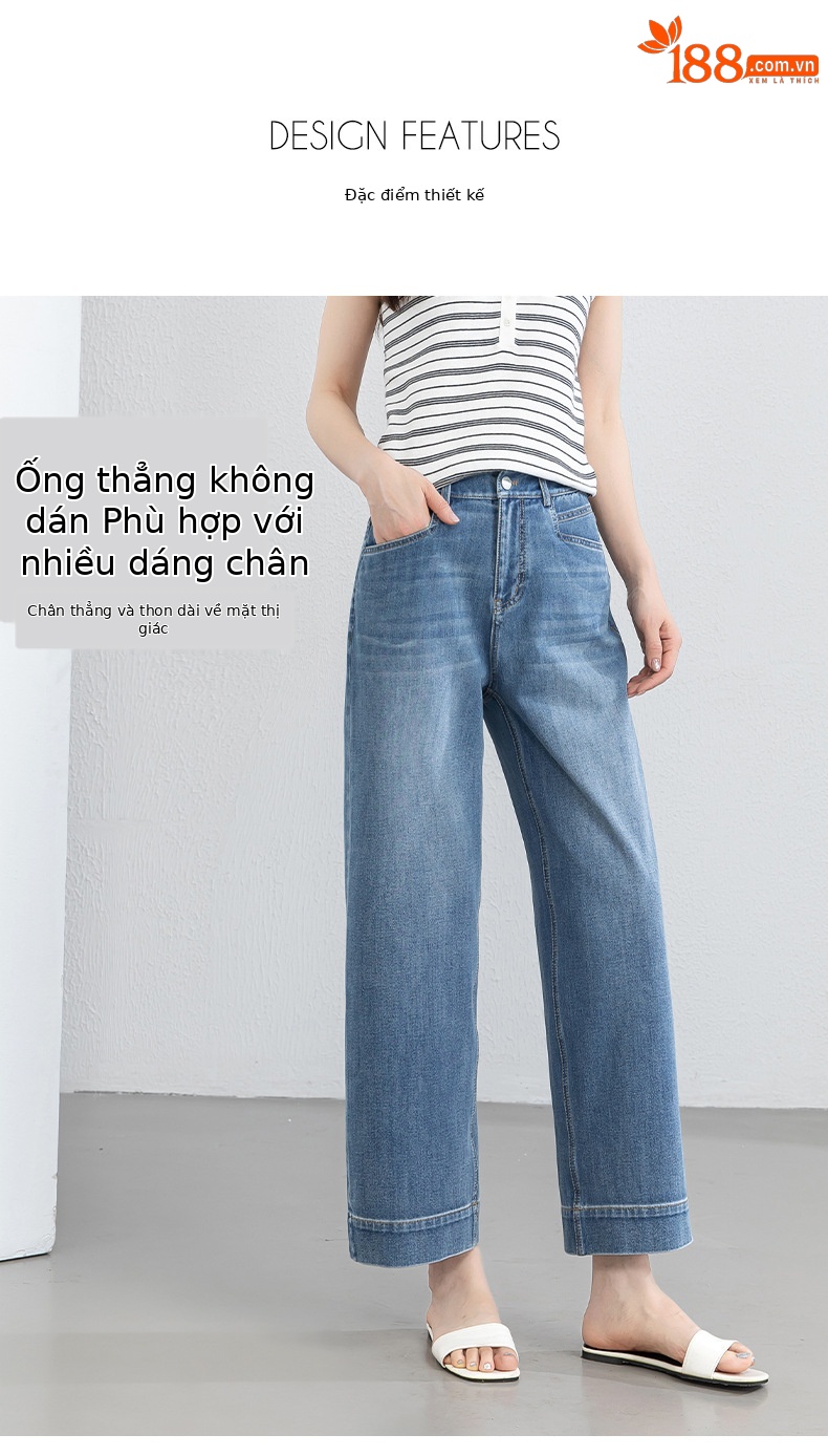 Quần tây nữ ống đứng cạp cao co giãn vải Lyocell denim dáng suông — xanh lam chi tiết 7