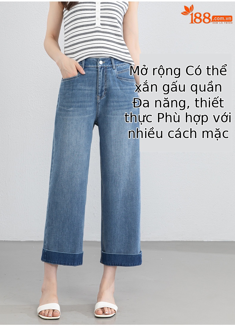 Quần tây nữ ống đứng cạp cao co giãn vải Lyocell denim dáng suông — xanh lam chi tiết 8