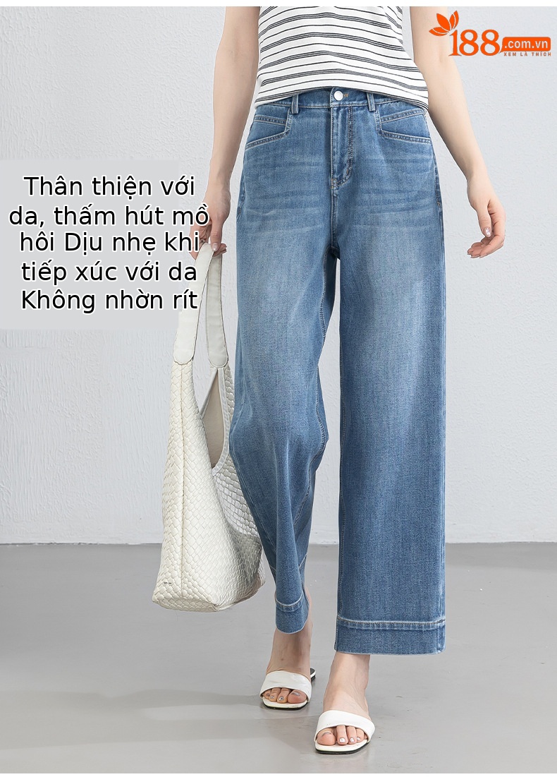 Quần tây nữ ống đứng cạp cao co giãn vải Lyocell denim dáng suông — xanh lam chi tiết 9