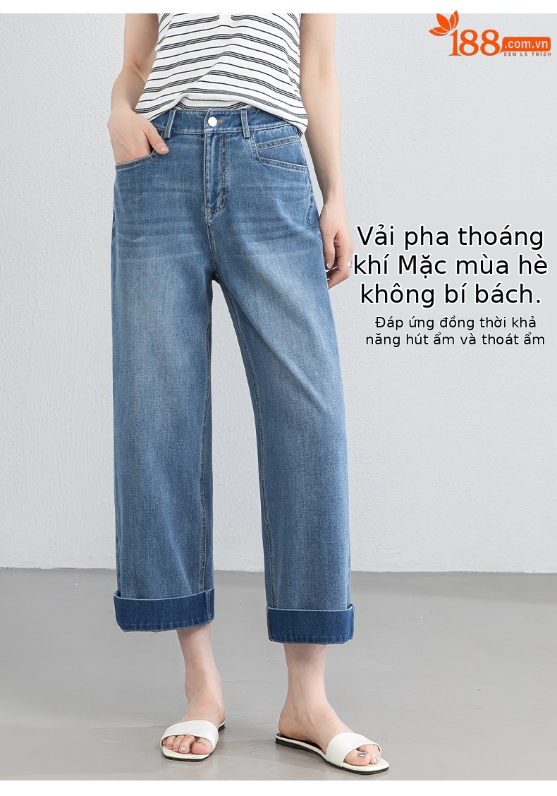 Quần tây nữ ống đứng cạp cao co giãn vải Lyocell denim dáng suông — xanh lam chi tiết 10