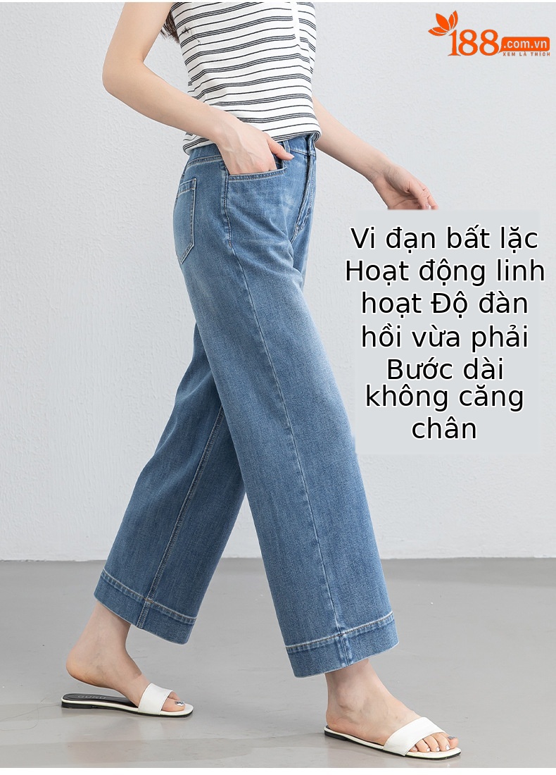 Quần tây nữ ống đứng cạp cao co giãn vải Lyocell denim dáng suông — xanh lam chi tiết 11