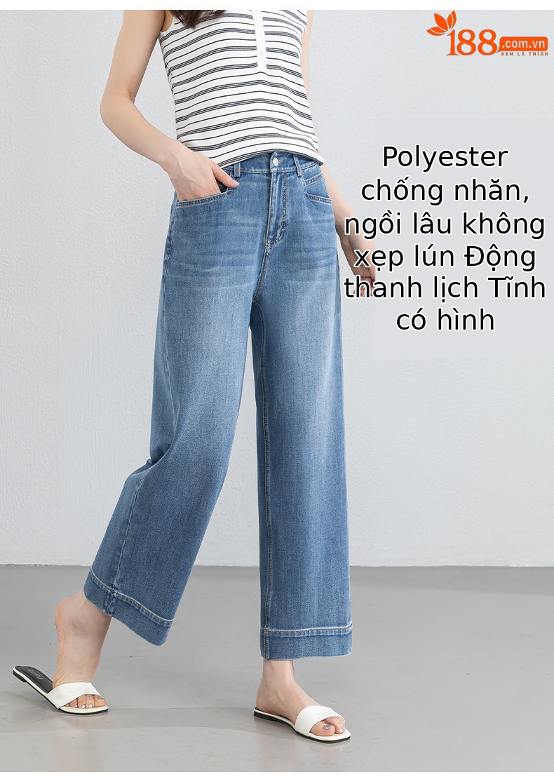 Quần tây nữ ống đứng cạp cao co giãn vải Lyocell denim dáng suông — xanh lam chi tiết 12