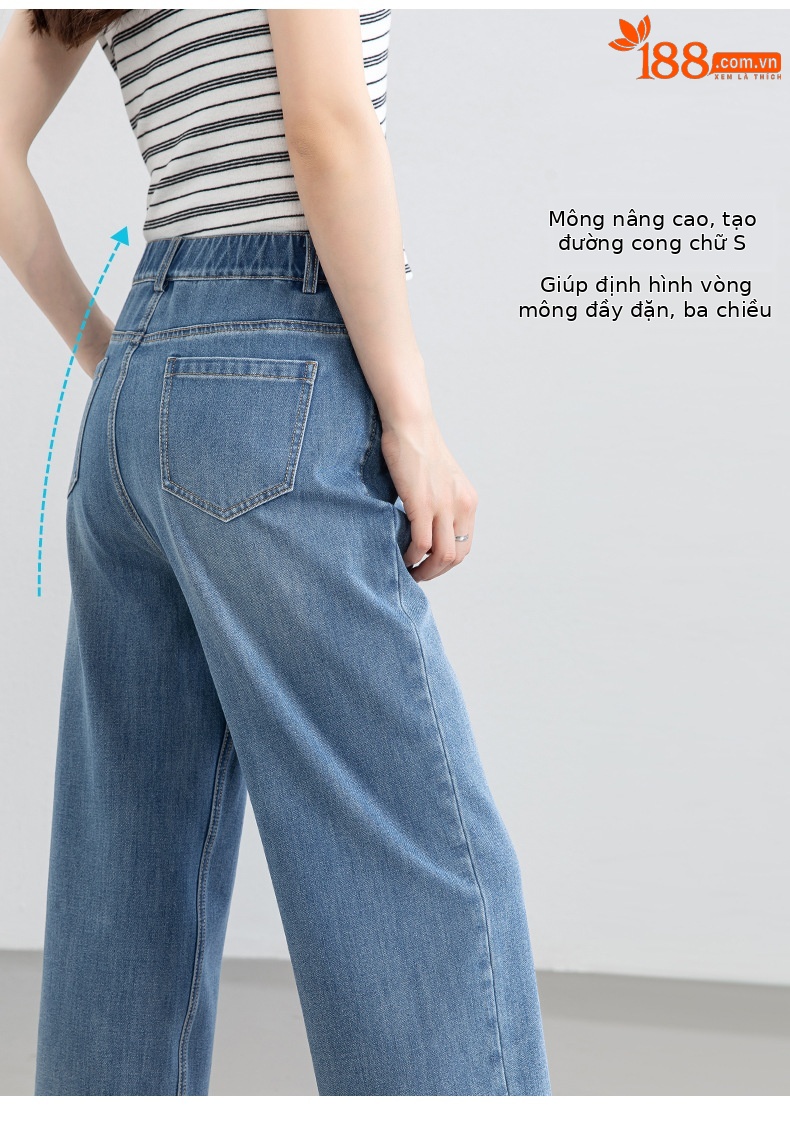 Quần tây nữ ống đứng cạp cao co giãn vải Lyocell denim dáng suông — xanh lam chi tiết 13