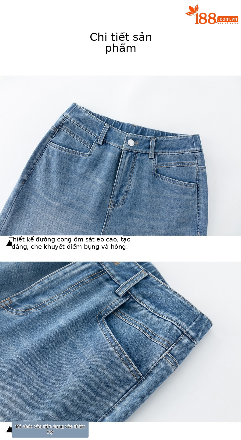 Quần tây nữ ống đứng cạp cao co giãn vải Lyocell denim dáng suông — xanh lam chi tiết 14