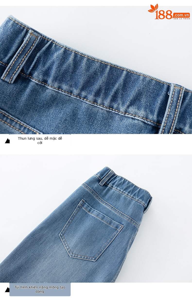 Quần tây nữ ống đứng cạp cao co giãn vải Lyocell denim dáng suông — xanh lam chi tiết 16