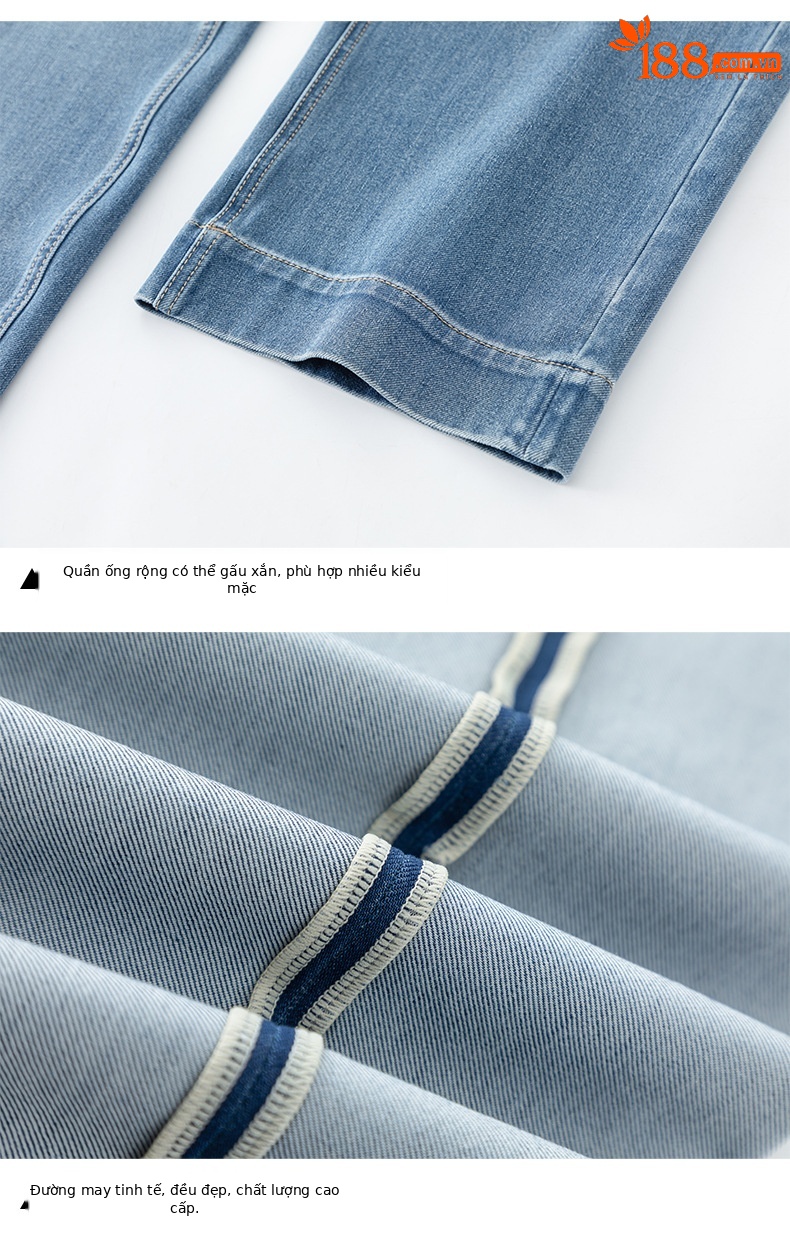 Quần tây nữ ống đứng cạp cao co giãn vải Lyocell denim dáng suông — xanh lam chi tiết 17