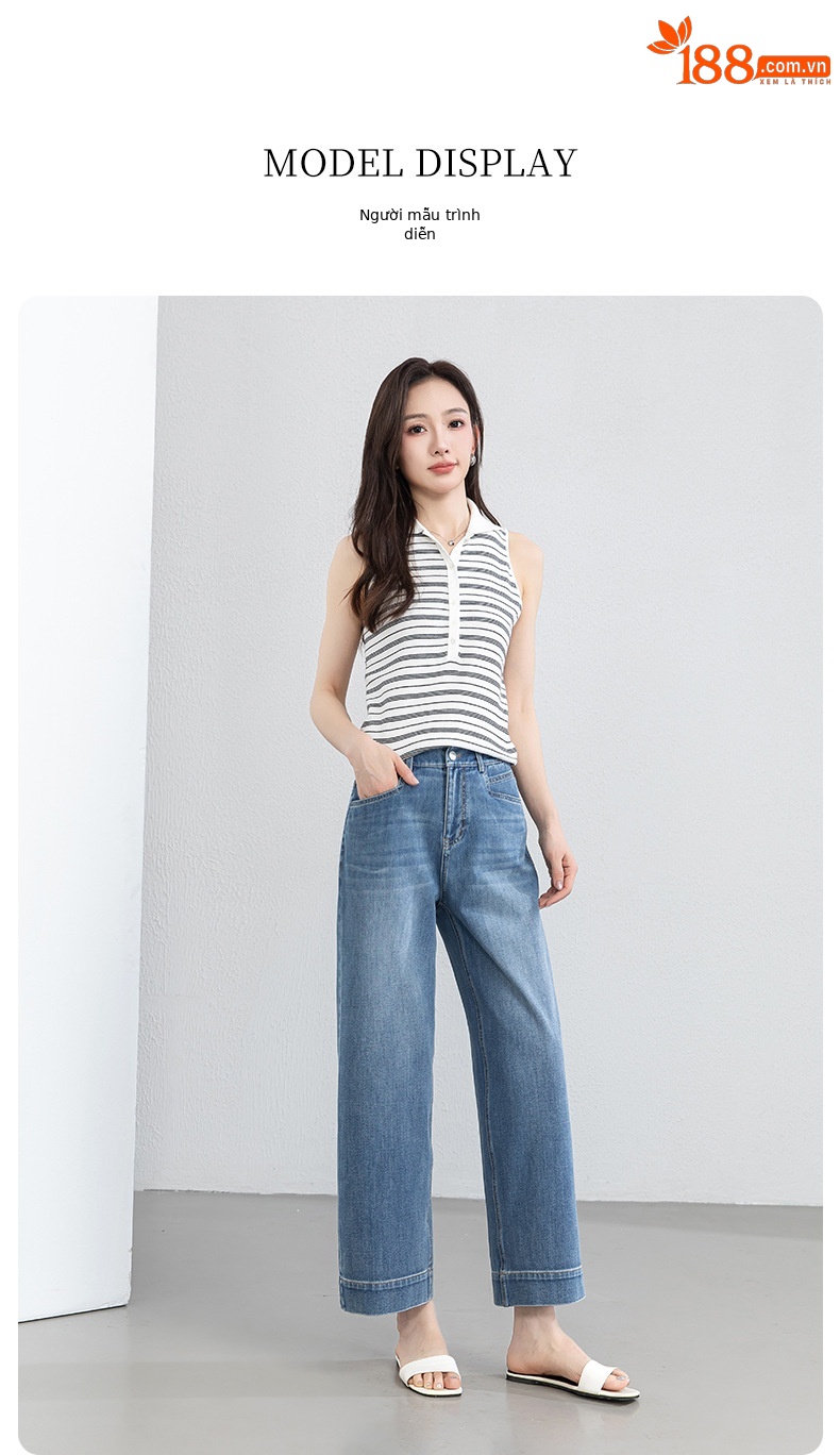 Quần tây nữ ống đứng cạp cao co giãn vải Lyocell denim dáng suông — xanh lam chi tiết 18