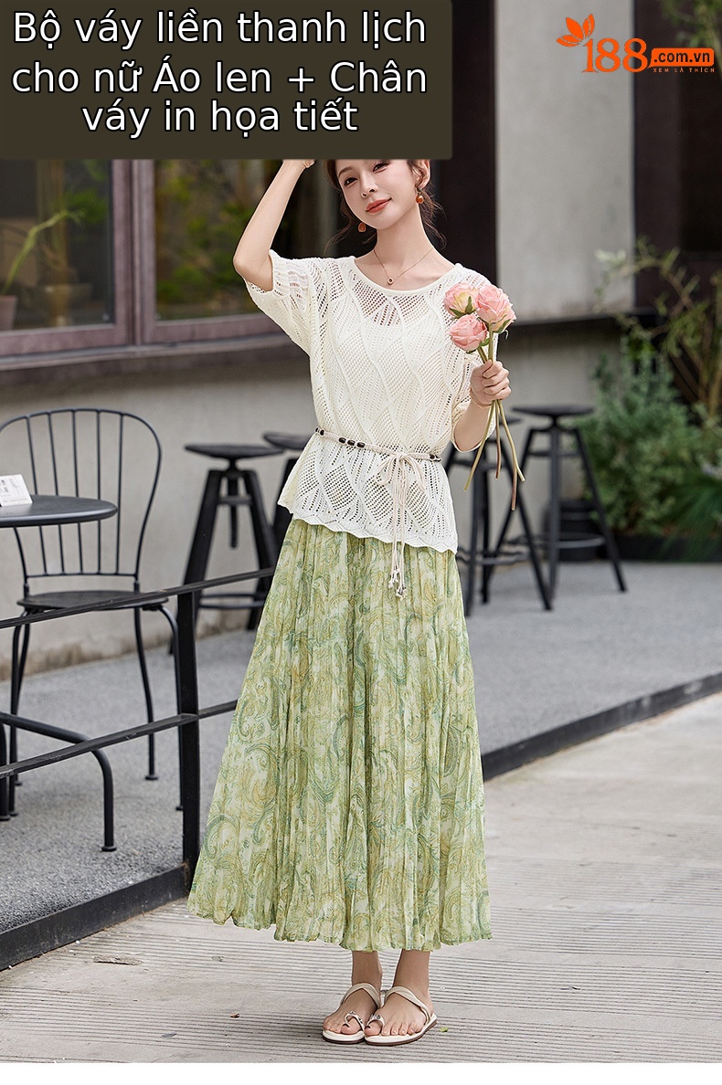 Set áo khoác ren buộc dây kết hợp chân váy hoa maxi hai mảnh đi biển — màu sắc, xanh lá cây chi tiết 1