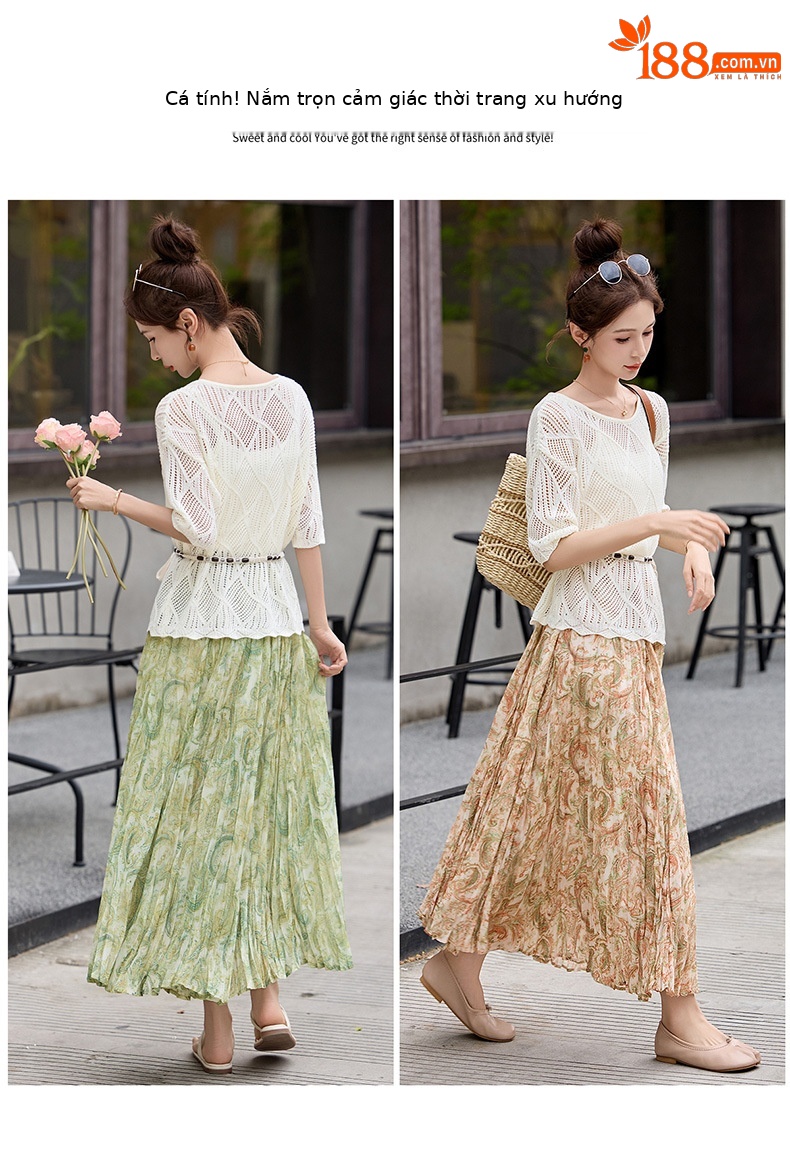 Set áo khoác ren buộc dây kết hợp chân váy hoa maxi hai mảnh đi biển — màu sắc, xanh lá cây chi tiết 7