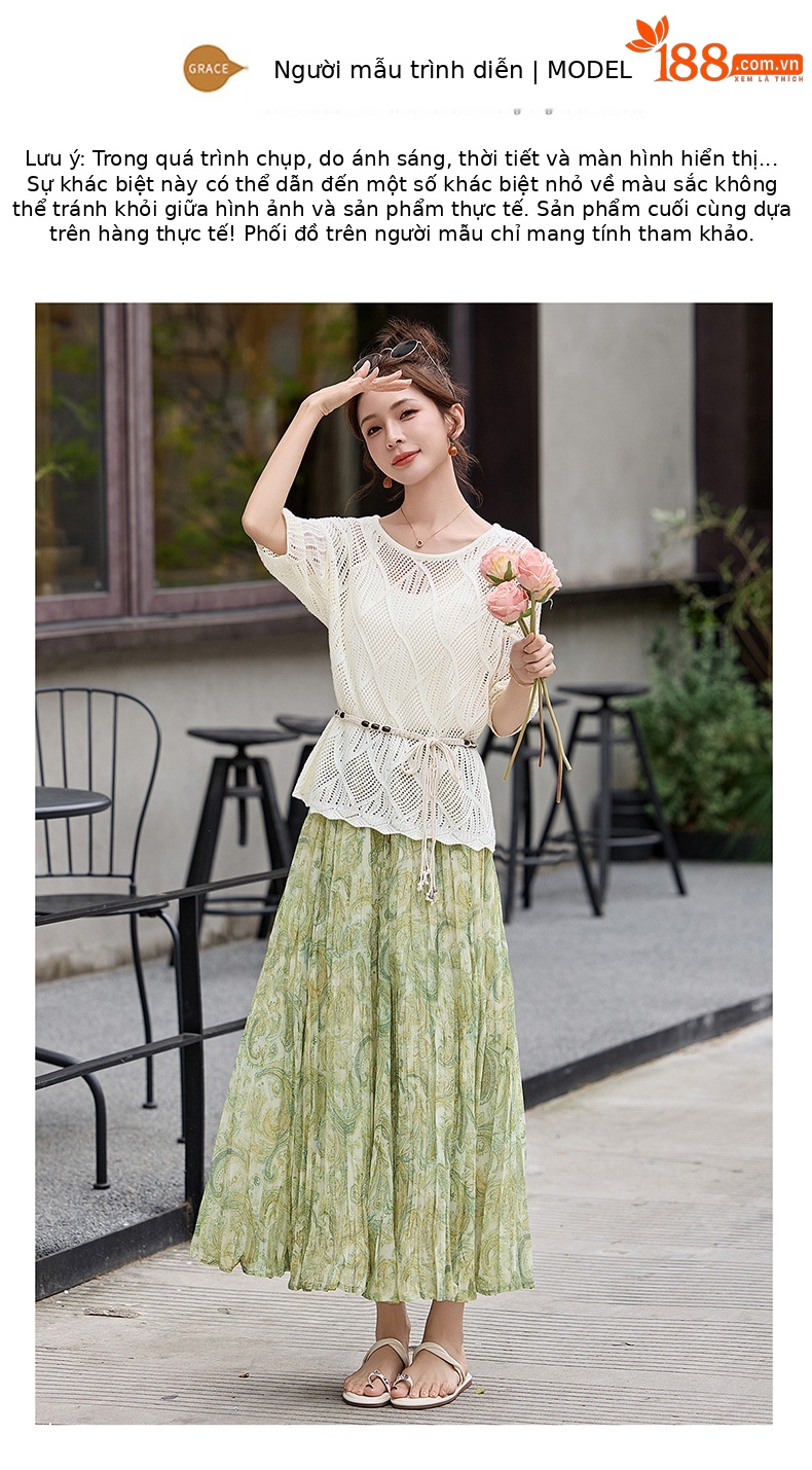 Set áo khoác ren buộc dây kết hợp chân váy hoa maxi hai mảnh đi biển — màu sắc, xanh lá cây chi tiết 10