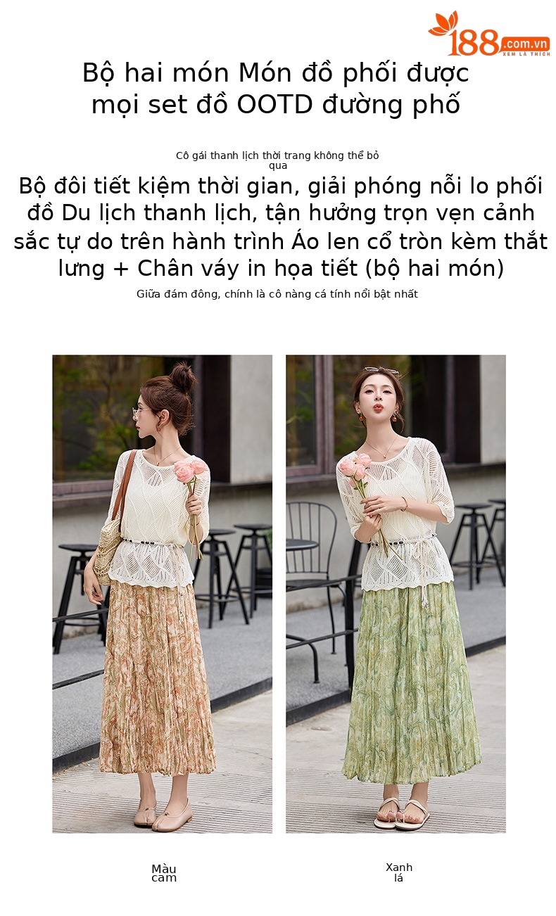 Set áo khoác ren buộc dây kết hợp chân váy hoa maxi hai mảnh đi biển — màu sắc, xanh lá cây chi tiết 3