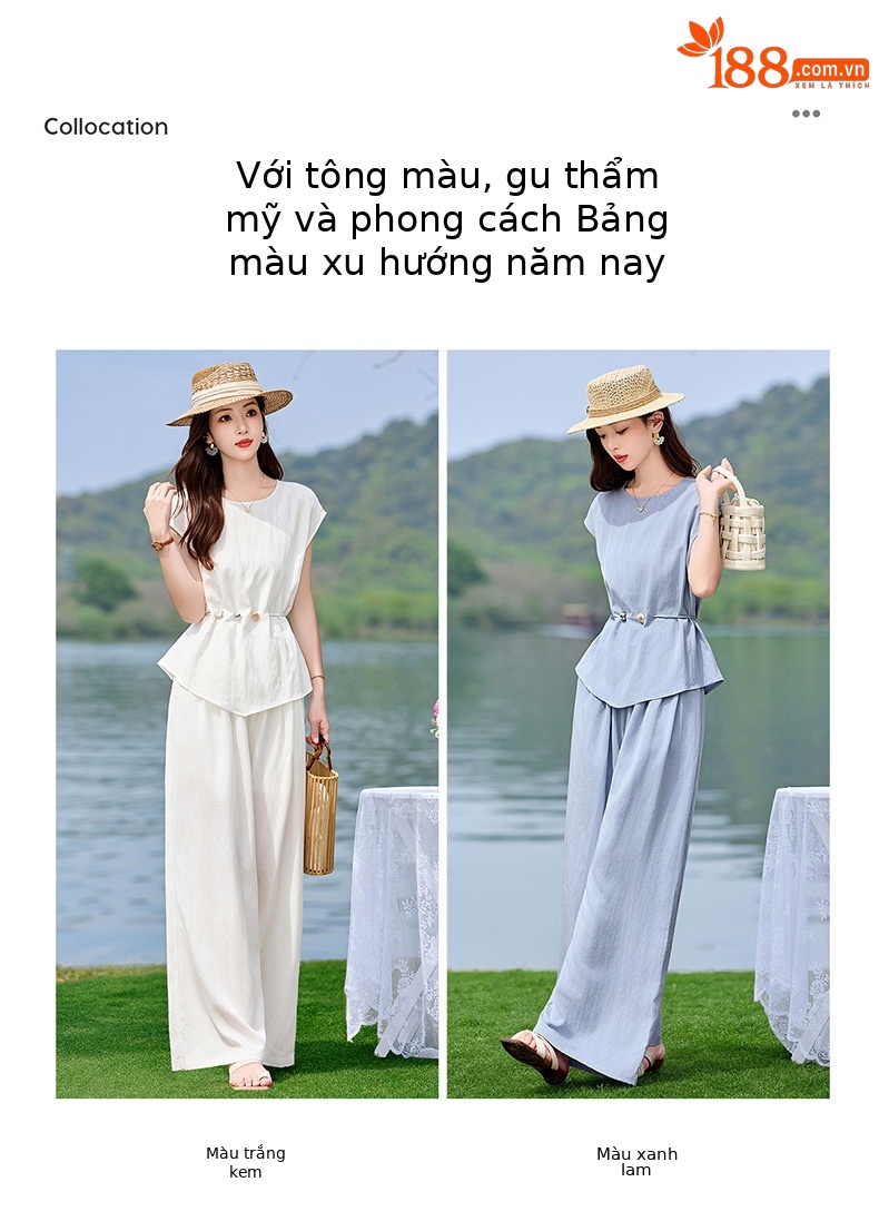 Set áo sơ mi quần ống rộng nữ 2 mảnh thắt eo mùa hè 2026 — xanh lam, màu trắng ngà chi tiết 4