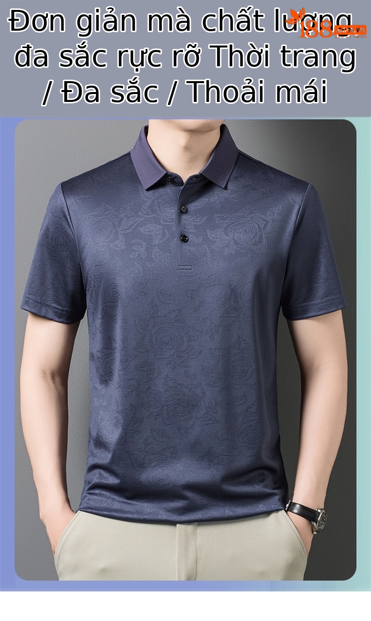 Áo polo nam tay ngắn lụa tơ tằm cao cấp cổ bẻ jacquard họa tiết nổi — Xanh lá cây 9607 chi tiết 1