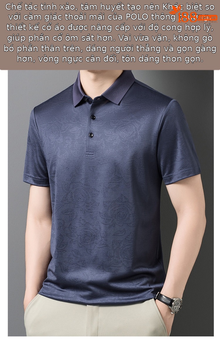 Áo polo nam tay ngắn lụa tơ tằm cao cấp cổ bẻ jacquard họa tiết nổi — Xanh lá cây 9607 chi tiết 3