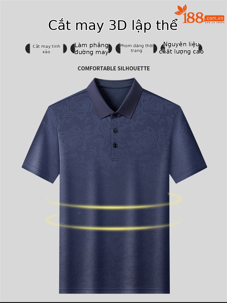 Áo polo nam tay ngắn lụa tơ tằm cao cấp cổ bẻ jacquard họa tiết nổi — Xanh lá cây 9607 chi tiết 4