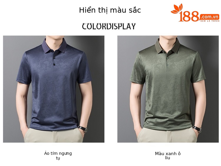 Áo polo nam tay ngắn lụa tơ tằm cao cấp cổ bẻ jacquard họa tiết nổi — Xanh lá cây 9607 chi tiết 6
