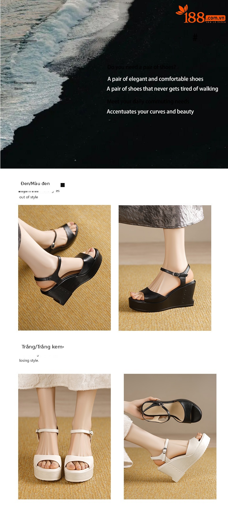 Sandal nữ da bò cao cấp quai ngang mũi hở gót nêm đế platform — màu đen, màu trắng ngà chi tiết 1