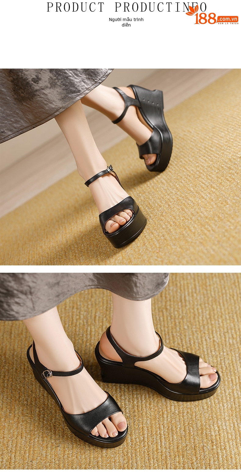 Sandal nữ da bò cao cấp quai ngang mũi hở gót nêm đế platform — màu đen, màu trắng ngà chi tiết 2
