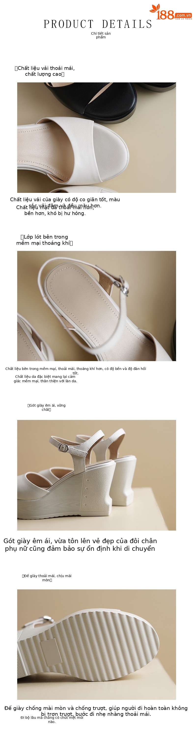Sandal nữ da bò cao cấp quai ngang mũi hở gót nêm đế platform — màu đen, màu trắng ngà chi tiết 8