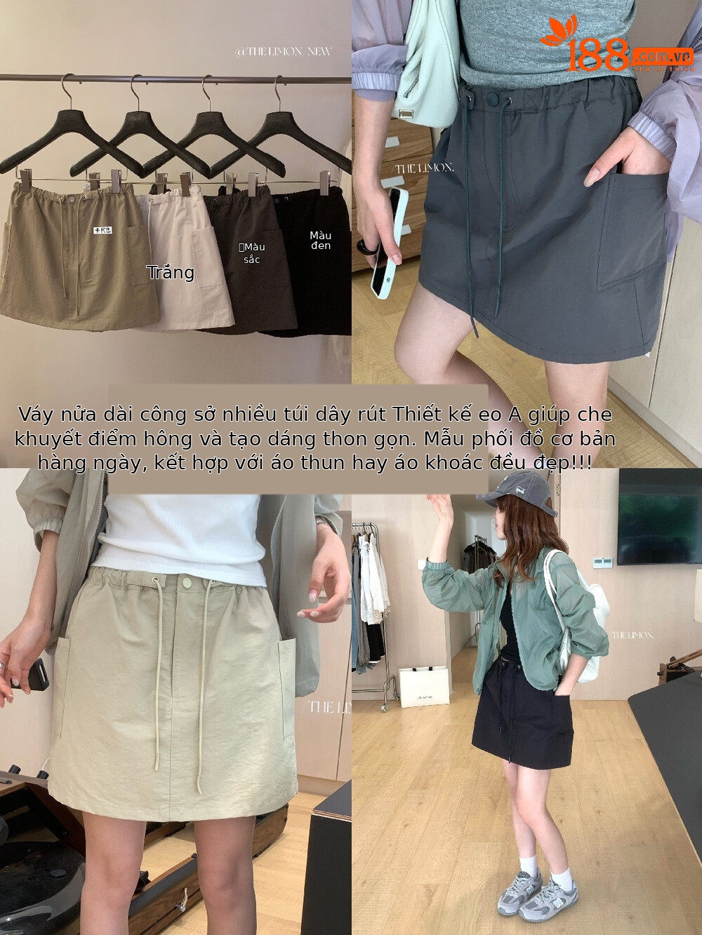 Chân váy chữ A ngắn phong cách công sở túi hộp dây rút — màu đen, màu trắng, màu xám, màu kaki chi tiết 16