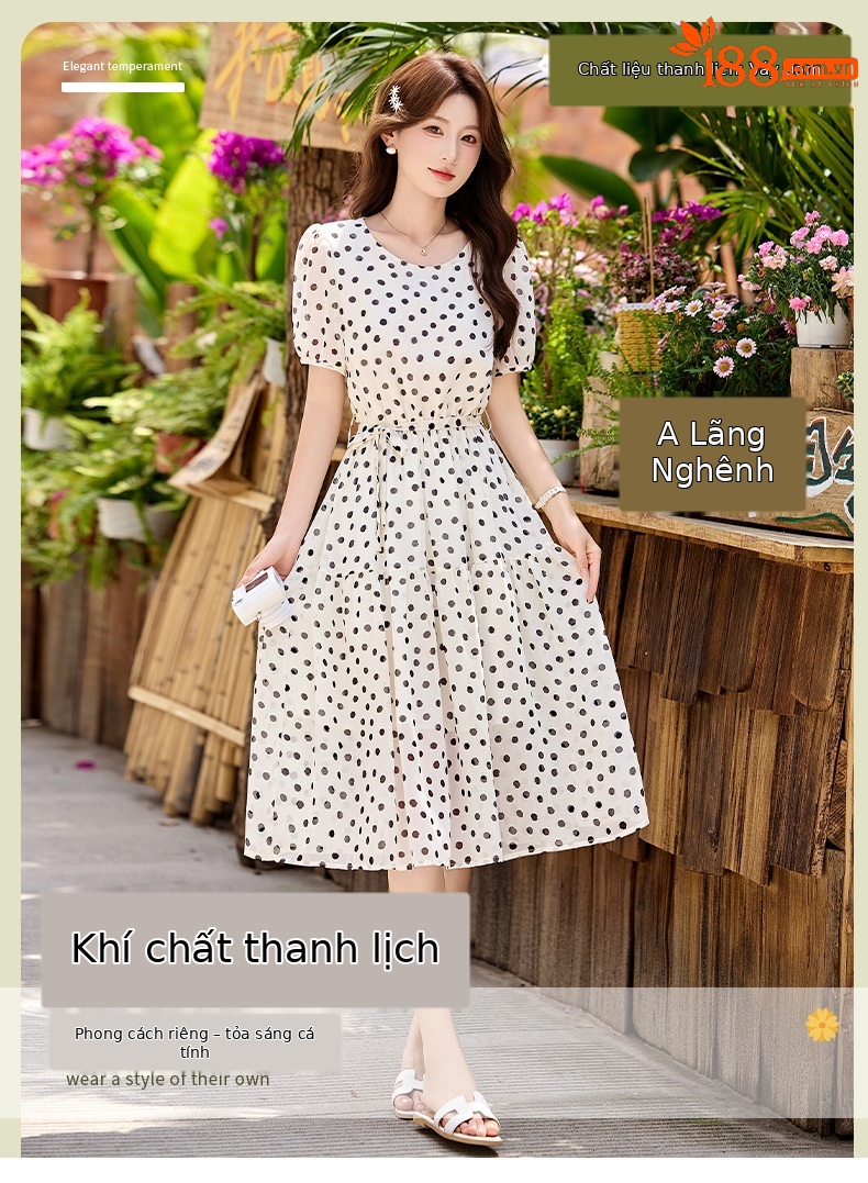 Đầm maxi nữ thắt eo chấm bi tay ngắn phong cách thời trang — màu đen, màu trắng chi tiết 1