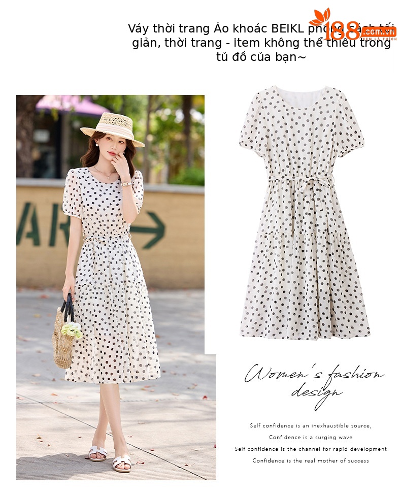 Đầm maxi nữ thắt eo chấm bi tay ngắn phong cách thời trang — màu đen, màu trắng chi tiết 3