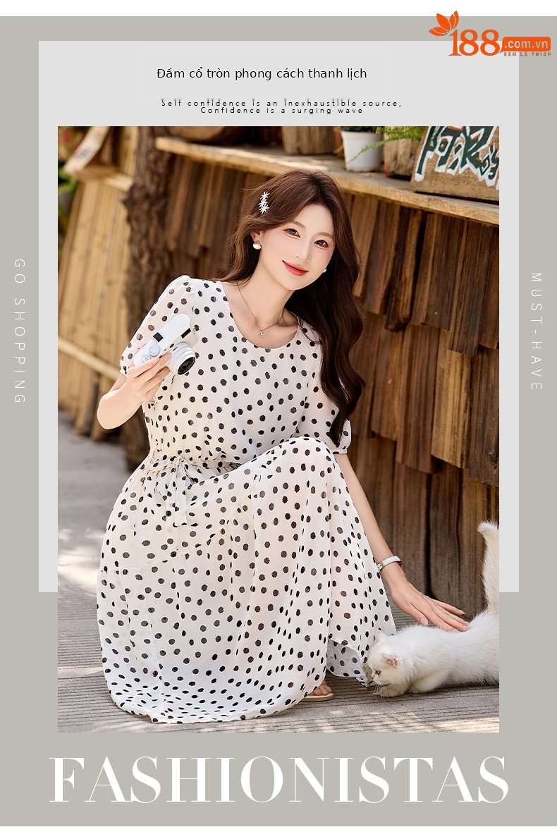 Đầm maxi nữ thắt eo chấm bi tay ngắn phong cách thời trang — màu đen, màu trắng chi tiết 4