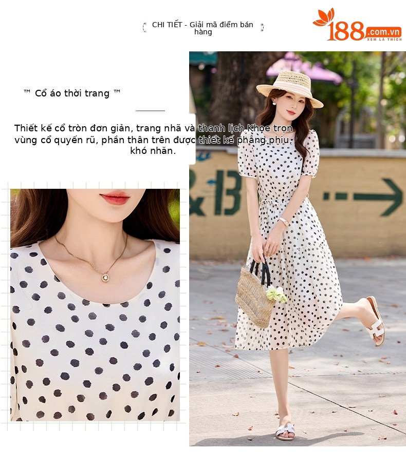 Đầm maxi nữ thắt eo chấm bi tay ngắn phong cách thời trang — màu đen, màu trắng chi tiết 5