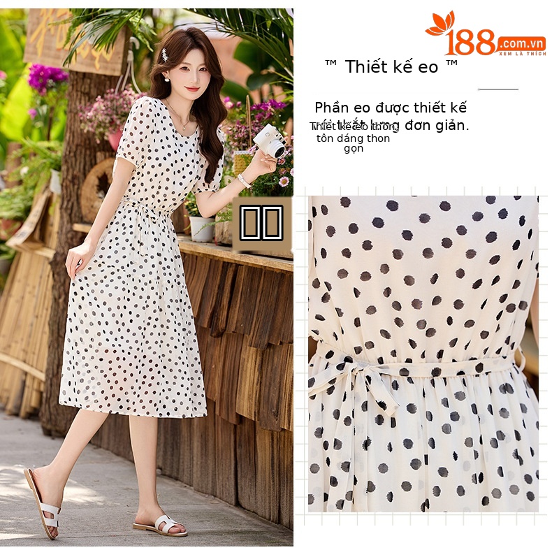 Đầm maxi nữ thắt eo chấm bi tay ngắn phong cách thời trang — màu đen, màu trắng chi tiết 6