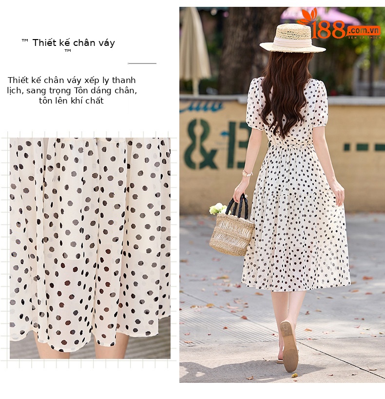 Đầm maxi nữ thắt eo chấm bi tay ngắn phong cách thời trang — màu đen, màu trắng chi tiết 7
