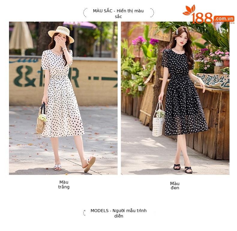 Đầm maxi nữ thắt eo chấm bi tay ngắn phong cách thời trang — màu đen, màu trắng chi tiết 9