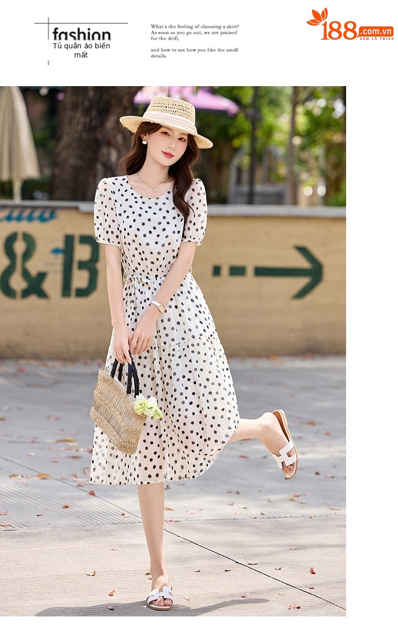 Đầm maxi nữ thắt eo chấm bi tay ngắn phong cách thời trang — màu đen, màu trắng chi tiết 19