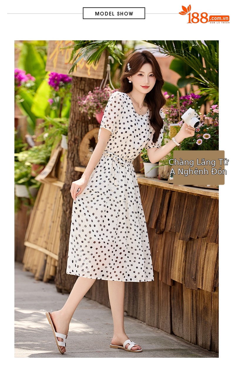 Đầm maxi nữ thắt eo chấm bi tay ngắn phong cách thời trang — màu đen, màu trắng chi tiết 22