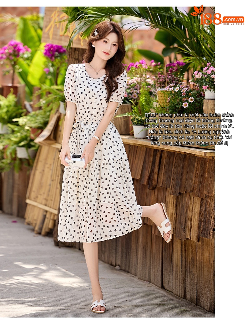 Đầm maxi nữ thắt eo chấm bi tay ngắn phong cách thời trang — màu đen, màu trắng chi tiết 24