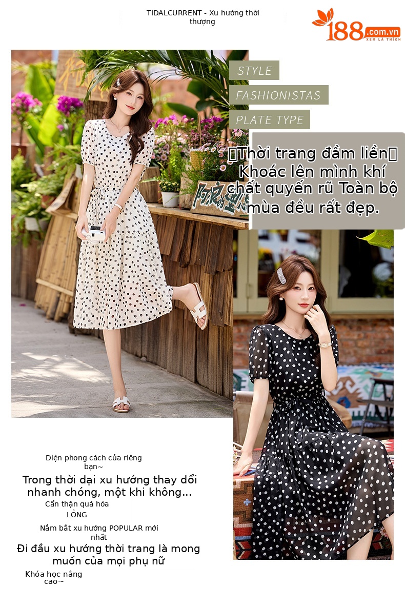 Đầm maxi nữ thắt eo chấm bi tay ngắn phong cách thời trang — màu đen, màu trắng chi tiết 2