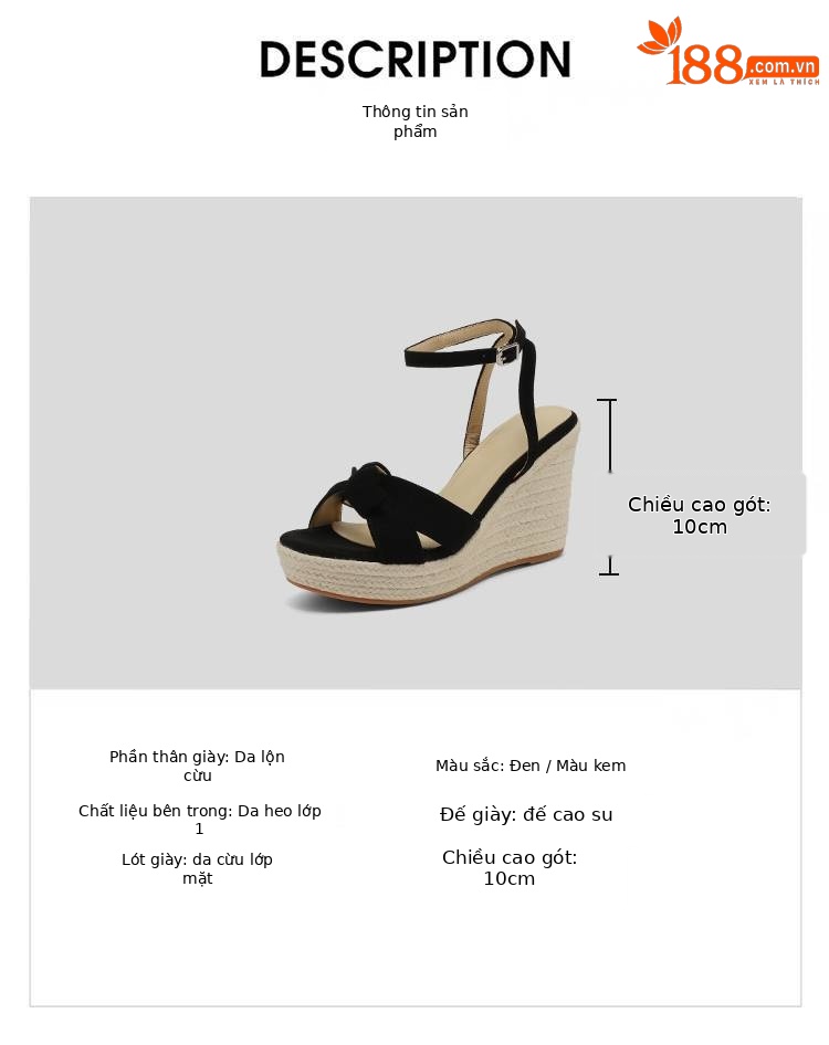 Sandal cao gót nữ hở mũi đế xuồng đan rơm, gót 9 cm — màu đen, màu mơ chi tiết 2