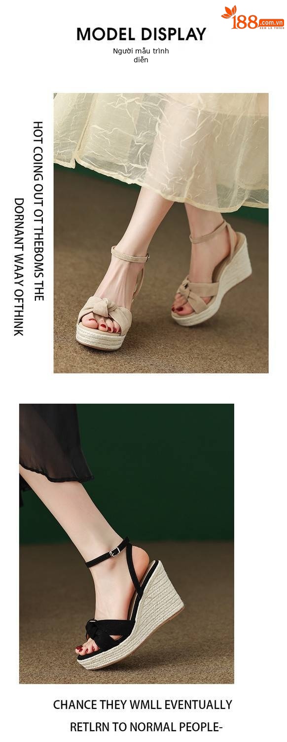 Sandal cao gót nữ hở mũi đế xuồng đan rơm, gót 9 cm — màu đen, màu mơ chi tiết 4