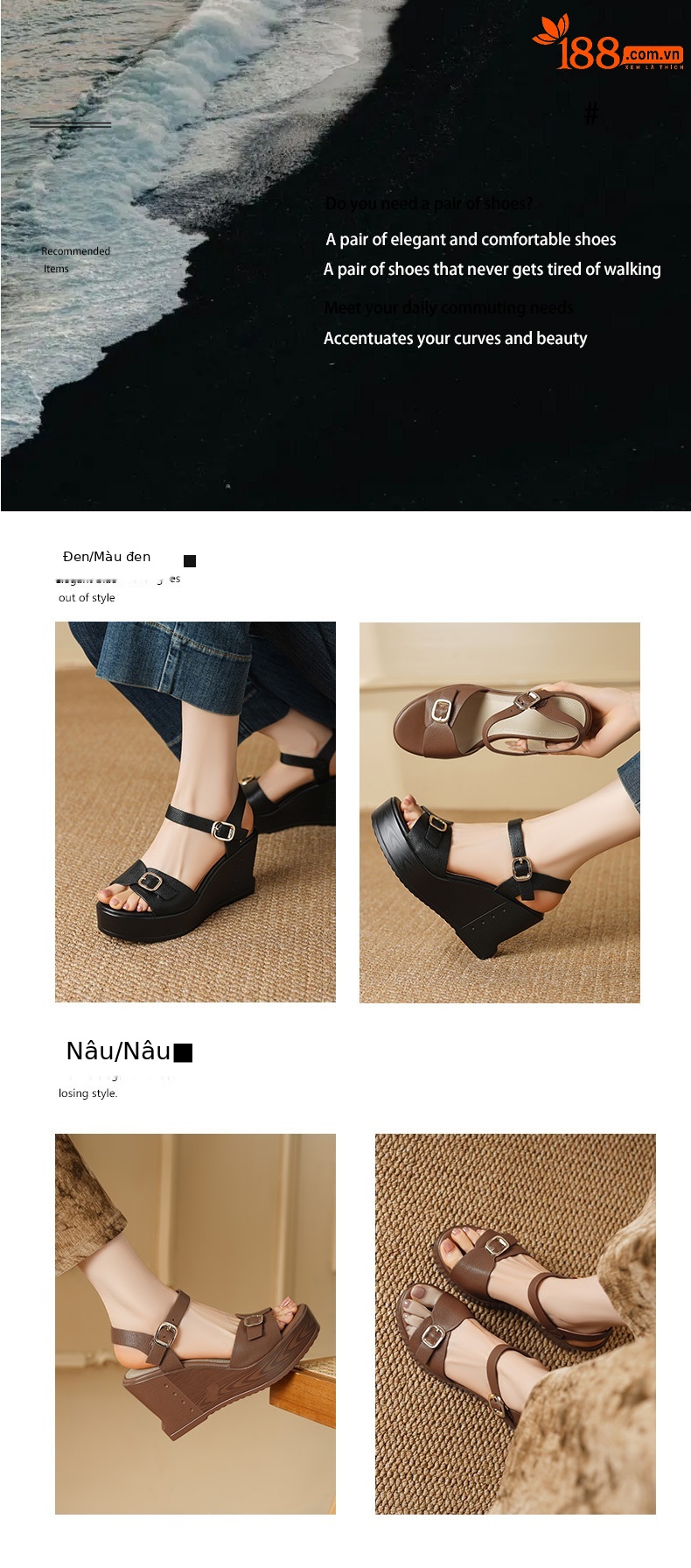 Sandal cao gót nữ mũi hở quai ngang đế xuồng da bò thật — màu nâu, màu đen chi tiết 1