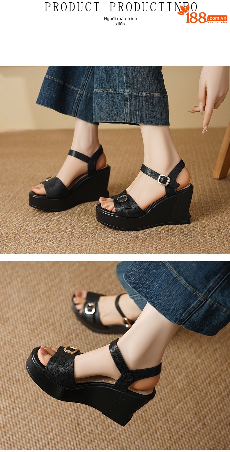 Sandal cao gót nữ mũi hở quai ngang đế xuồng da bò thật — màu nâu, màu đen chi tiết 2