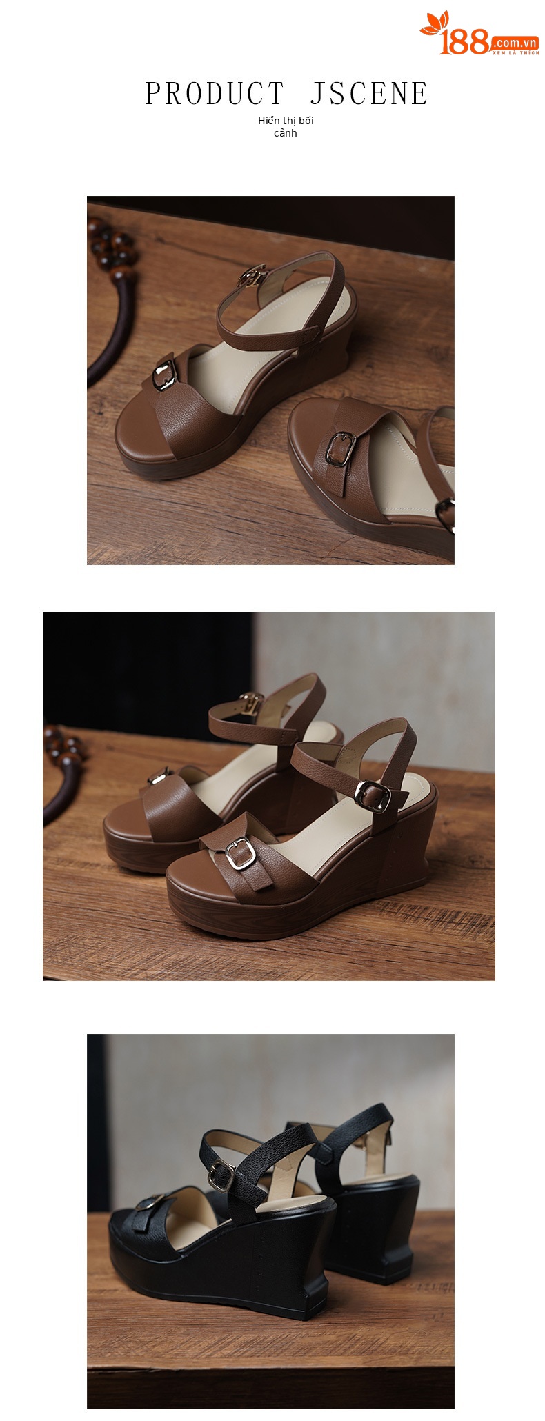 Sandal cao gót nữ mũi hở quai ngang đế xuồng da bò thật — màu nâu, màu đen chi tiết 6