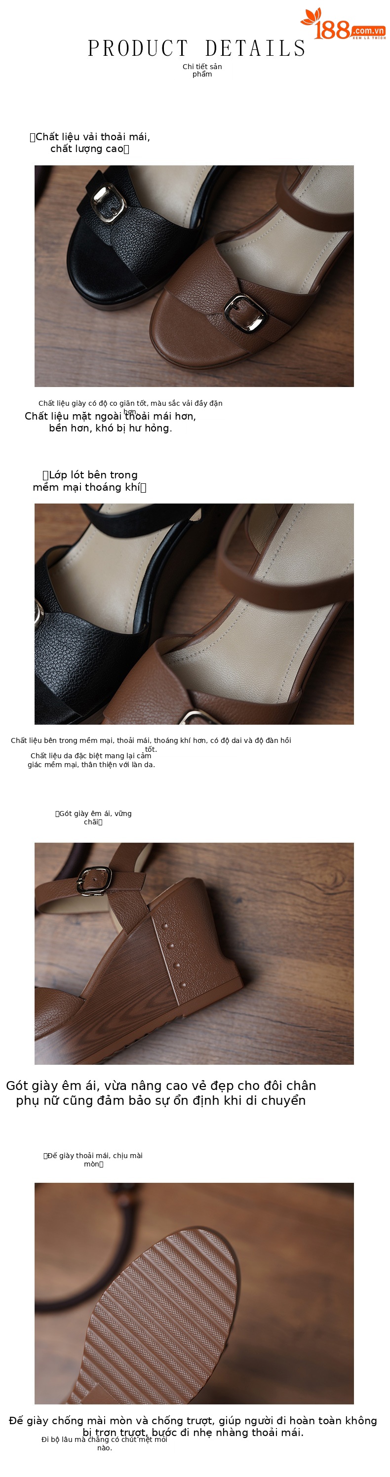 Sandal cao gót nữ mũi hở quai ngang đế xuồng da bò thật — màu nâu, màu đen chi tiết 8